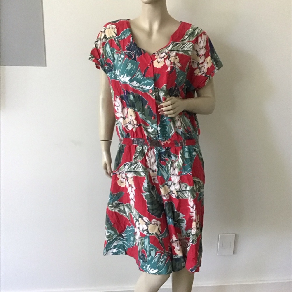 Vintage Hilo Hattie Red Hawaiian Floral Shorts Set Suit Romper Playsuit XL